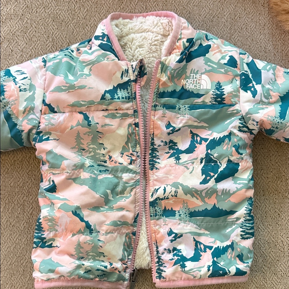 The North Face kids reversible mossbud Pink & Teal Mountain-Print Puffer Jacket